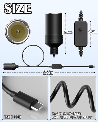محول مقبس ولاعة السجائر USB C ذكر إلى 12 فولت 12 وات كحد أقصى، كابل محول أنثى مقبس ولاعة السجائر في السيارة، قابل للتعديل 5 فولت 9 فولت 12 فولت 15 فولت 20 فولت لأجهزة القياس in Kuwait