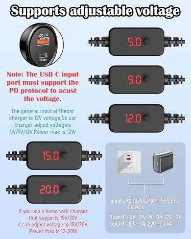محول مقبس ولاعة السجائر USB C ذكر إلى 12 فولت 12 وات كحد أقصى، كابل محول أنثى مقبس ولاعة السجائر في السيارة، قابل للتعديل 5 فولت 9 فولت 12 فولت 15 فولت 20 فولت لأجهزة القياس in Kuwait