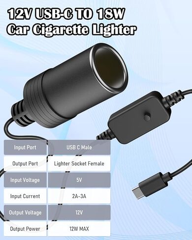 محول مقبس ولاعة السجائر USB C ذكر إلى 12 فولت 12 وات كحد أقصى، كابل محول أنثى مقبس ولاعة السجائر في السيارة، قابل للتعديل 5 فولت 9 فولت 12 فولت 15 فولت 20 فولت لأجهزة القياس in Kuwait