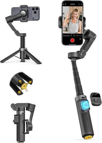 مثبت AOCHUAN Gimbal لجهاز iPhone مع وحدة تتبع AI وإضاءة ملء، مثبت هاتف مضاد للاهتزاز ثلاثي المحاور مع جهاز تحكم عن بعد مغناطيسي، التحكم بالإيماءات، إطلاق حامل ثلاثي القوائم بنقرة واحدة، قضيب تمديد مدمج، ذكي X3AI in Saudi Arabia
