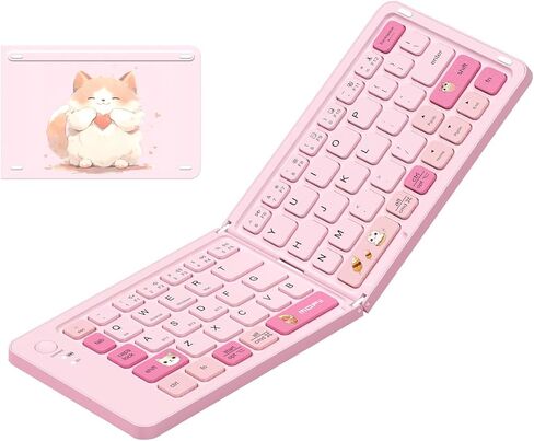 Pink Foldable Mini Bluetooth Keyboard, Portable Compact Wireless Rechargeable Keyboard with 67 Slim Quiet Keys, Cute Pocket-Sized Travel Keyboard for iPad iPhone Android Tablet Mac Windows-Cat Theme in Saudi Arabia