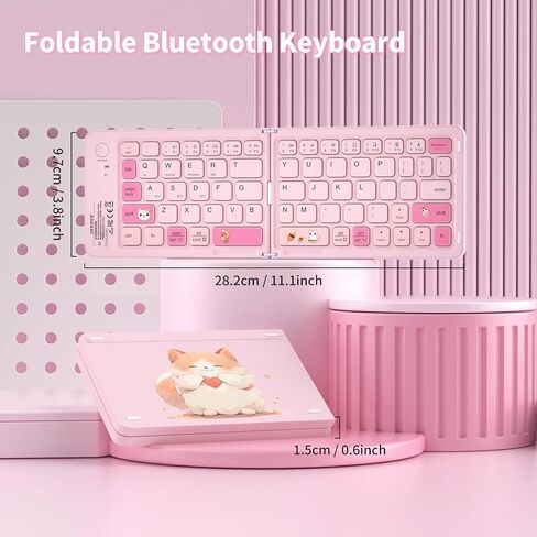 Pink Foldable Mini Bluetooth Keyboard, Portable Compact Wireless Rechargeable Keyboard with 67 Slim Quiet Keys, Cute Pocket-Sized Travel Keyboard for iPad iPhone Android Tablet Mac Windows-Cat Theme in Saudi Arabia