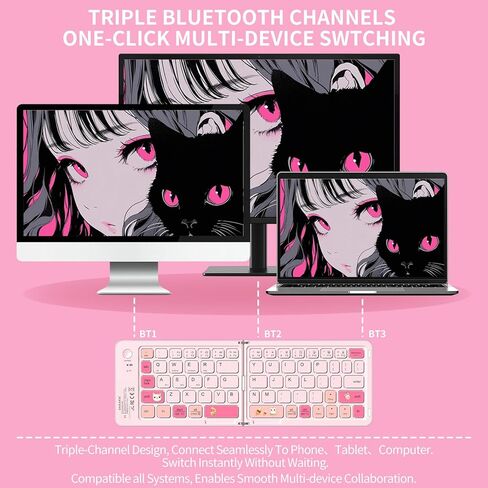 Pink Foldable Mini Bluetooth Keyboard, Portable Compact Wireless Rechargeable Keyboard with 67 Slim Quiet Keys, Cute Pocket-Sized Travel Keyboard for iPad iPhone Android Tablet Mac Windows-Cat Theme in Saudi Arabia
