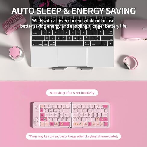 Pink Foldable Mini Bluetooth Keyboard, Portable Compact Wireless Rechargeable Keyboard with 67 Slim Quiet Keys, Cute Pocket-Sized Travel Keyboard for iPad iPhone Android Tablet Mac Windows-Cat Theme in Saudi Arabia
