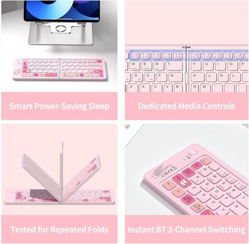 Pink Foldable Mini Bluetooth Keyboard, Portable Compact Wireless Rechargeable Keyboard with 67 Slim Quiet Keys, Cute Pocket-Sized Travel Keyboard for iPad iPhone Android Tablet Mac Windows-Cat Theme in Saudi Arabia