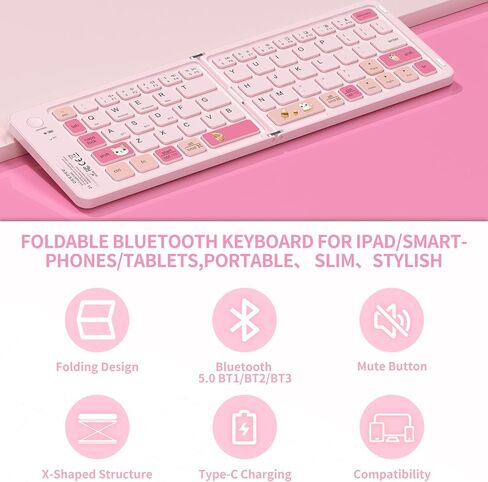 Pink Foldable Mini Bluetooth Keyboard, Portable Compact Wireless Rechargeable Keyboard with 67 Slim Quiet Keys, Cute Pocket-Sized Travel Keyboard for iPad iPhone Android Tablet Mac Windows-Cat Theme in Saudi Arabia