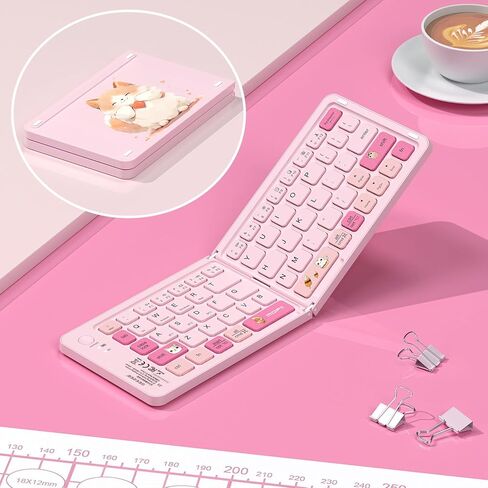 Pink Foldable Mini Bluetooth Keyboard, Portable Compact Wireless Rechargeable Keyboard with 67 Slim Quiet Keys, Cute Pocket-Sized Travel Keyboard for iPad iPhone Android Tablet Mac Windows-Cat Theme in Saudi Arabia