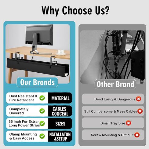 Desk Cable Management Tray, Fabric Cable Organizer, No Drill Large Clamp/Screw Mount Wire Organizer-Support Up to 30lbs, Standing Desk Cable Management for Office Home (Black,36 Inch) in Saudi Arabia