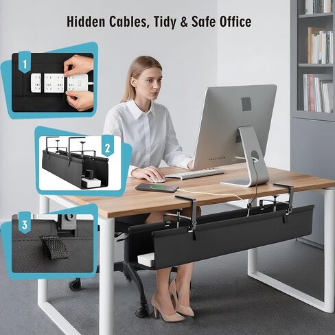 Desk Cable Management Tray, Fabric Cable Organizer, No Drill Large Clamp/Screw Mount Wire Organizer-Support Up to 30lbs, Standing Desk Cable Management for Office Home (Black,36 Inch) in Saudi Arabia