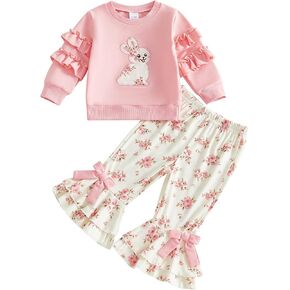 Toddler Baby Girl Valentines Day Outfit Heart Bow Print Ruffle Long Sleeve Sweatshirt Flare Pants 2pcs Clothes Set in Saudi Arabia