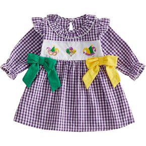 Toddler Little Girl Mardi Gras Dress Gingham Bow Print Long Sleeve Ruffled Doll Collar A-line Festival Party Dresses in Kuwait