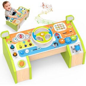 Montessori Car Busy Board for Toddlers, Wooden Sensory Steering Wheel Activity Baby Toy with Lights, Buttons, Gears & Key Start, Kids Interactive Educational Toys for Boys Girls in Kuwait