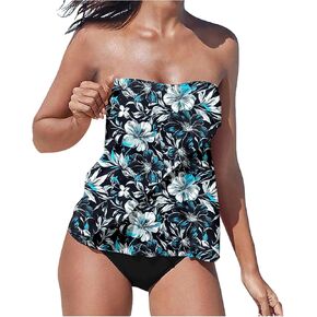Strapless Tankini Swimsuits for Women Tummy Control 2 Piece Bathing Suits Bandeau Blouson Swim Top with Bikini Bottom in Kuwait