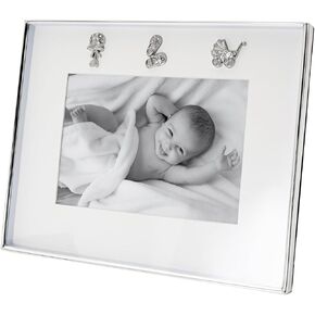 إطار صورة حديث للأطفال من Happy Homewares مطلي بالفضة مع أحذية أطفال وأيقونات خشخيشة مع كريستالات ماسية شفافة | صورة 5x7 in Kuwait