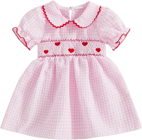 FIOMVA Toddler Baby Girl Valentines Day Dress Short Sleeve Letter Embroidery Smocked Dress Valentines Day Outfit Clothes in Saudi Arabia