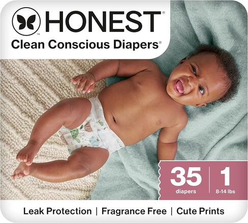 The Honest Company Clean Conscious Diapers for Sensitive Skin, Up to 100% Leakproof, Hypoallergenic, Fragrance Free, Turtle Time, Polybag, Size 1 (8-14 lbs), 35 Count in Kuwait