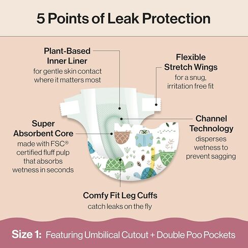 The Honest Company Clean Conscious Diapers for Sensitive Skin, Up to 100% Leakproof, Hypoallergenic, Fragrance Free, Turtle Time, Polybag, Size 1 (8-14 lbs), 35 Count in Kuwait