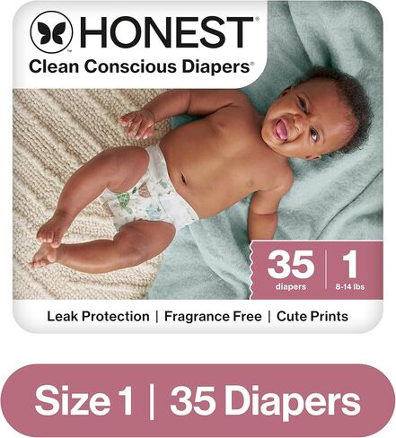 The Honest Company Clean Conscious Diapers for Sensitive Skin, Up to 100% Leakproof, Hypoallergenic, Fragrance Free, Turtle Time, Polybag, Size 1 (8-14 lbs), 35 Count in Kuwait