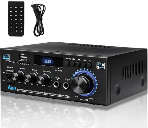 جهاز استقبال ستيريو بلوتوث AK45 ومكبر للصوت للصوت المنزلي، 300Wx2 2 قناة HiFi Amp مع راديو FM، مدخلات USB/SD/MIC، تعديل درجة اللون العالية والمنخفضة، لنظام ستيريو منزلي للكاريوكي والحفلات in Kuwait