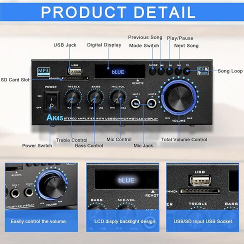 جهاز استقبال ستيريو بلوتوث AK45 ومكبر للصوت للصوت المنزلي، 300Wx2 2 قناة HiFi Amp مع راديو FM، مدخلات USB/SD/MIC، تعديل درجة اللون العالية والمنخفضة، لنظام ستيريو منزلي للكاريوكي والحفلات in Kuwait