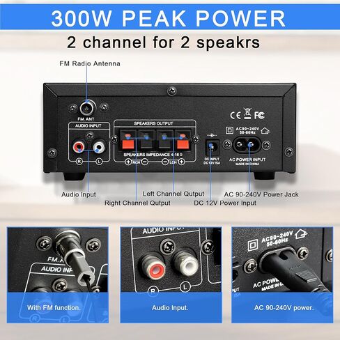جهاز استقبال ستيريو بلوتوث AK45 ومكبر للصوت للصوت المنزلي، 300Wx2 2 قناة HiFi Amp مع راديو FM، مدخلات USB/SD/MIC، تعديل درجة اللون العالية والمنخفضة، لنظام ستيريو منزلي للكاريوكي والحفلات in Kuwait
