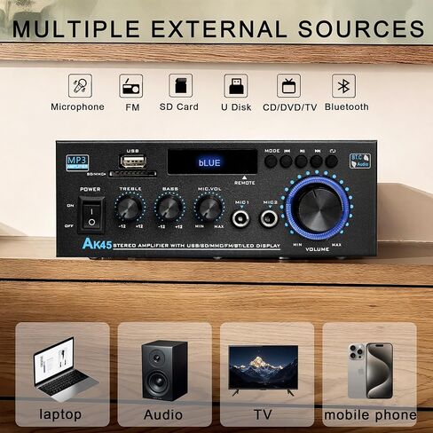 جهاز استقبال ستيريو بلوتوث AK45 ومكبر للصوت للصوت المنزلي، 300Wx2 2 قناة HiFi Amp مع راديو FM، مدخلات USB/SD/MIC، تعديل درجة اللون العالية والمنخفضة، لنظام ستيريو منزلي للكاريوكي والحفلات in Kuwait