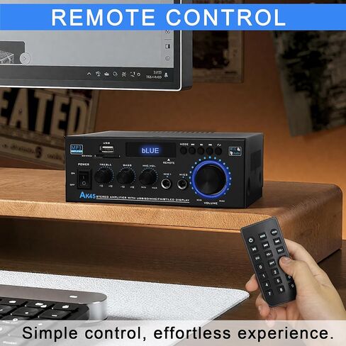 جهاز استقبال ستيريو بلوتوث AK45 ومكبر للصوت للصوت المنزلي، 300Wx2 2 قناة HiFi Amp مع راديو FM، مدخلات USB/SD/MIC، تعديل درجة اللون العالية والمنخفضة، لنظام ستيريو منزلي للكاريوكي والحفلات in Kuwait