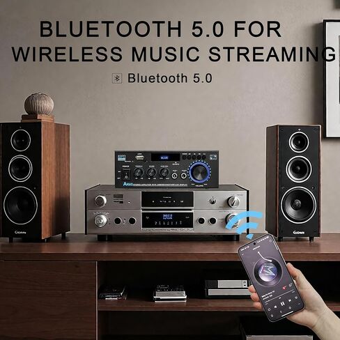 جهاز استقبال ستيريو بلوتوث AK45 ومكبر للصوت للصوت المنزلي، 300Wx2 2 قناة HiFi Amp مع راديو FM، مدخلات USB/SD/MIC، تعديل درجة اللون العالية والمنخفضة، لنظام ستيريو منزلي للكاريوكي والحفلات in Kuwait