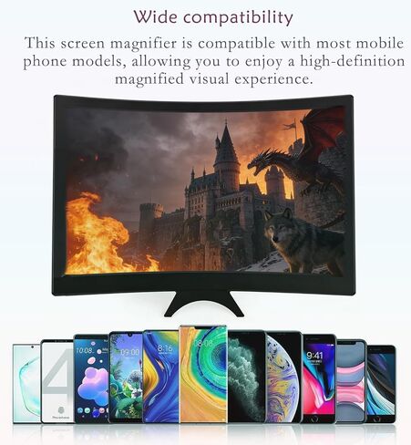 12'' 3D Curved Screen Magnifier, HD Mobile Video Movie Smartphone Screen Amplifier Projector Cell Phone Stand Bracket Eyes Protective Phone Screen Enlarger for All Smartphones (White) in Kuwait