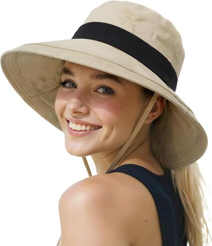 Senker Fashion Sun Hats for Women UV Protection, Waterproof Ponytail Wide Brim Bucket Hat for Summer Beach Gardening Travel in Saudi Arabia