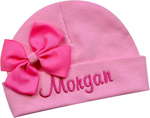 Funny Girl Designs Baby Girls Embroidered Pink Cotton Hat Keepsake with Glitter Center Hot Pink Bow Personalized with Name of Your Choice in Saudi Arabia