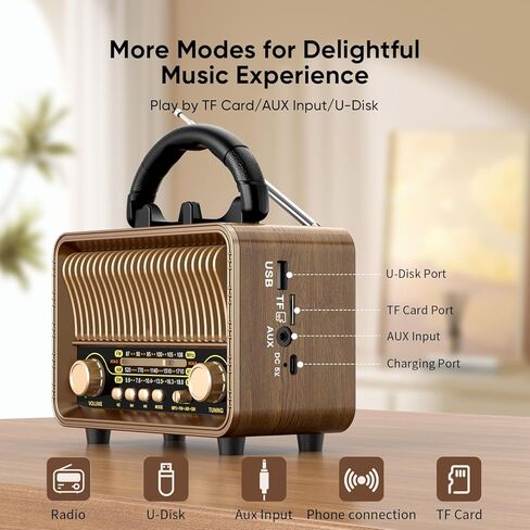 Portable Radio AM FM SW Bluetooth, Retro Radios Vintage Transistor with Best Sound, D Battery Operated/USB Rechargeable, Support TF Card/USB Playing in Kuwait