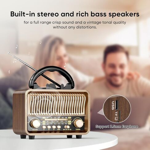 Portable Radio AM FM SW Bluetooth, Retro Radios Vintage Transistor with Best Sound, D Battery Operated/USB Rechargeable, Support TF Card/USB Playing in Kuwait