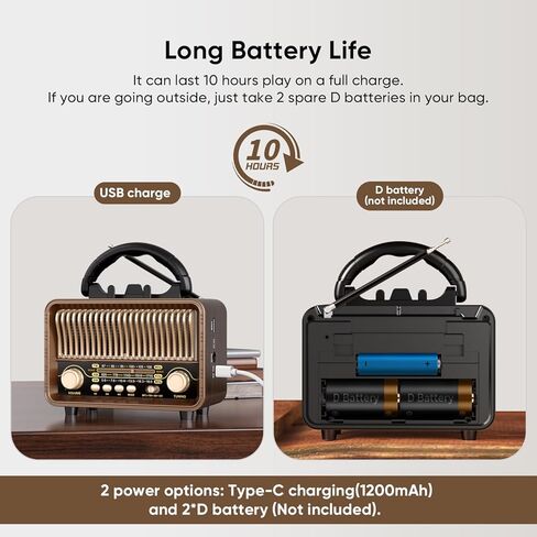 Portable Radio AM FM SW Bluetooth, Retro Radios Vintage Transistor with Best Sound, D Battery Operated/USB Rechargeable, Support TF Card/USB Playing in Kuwait