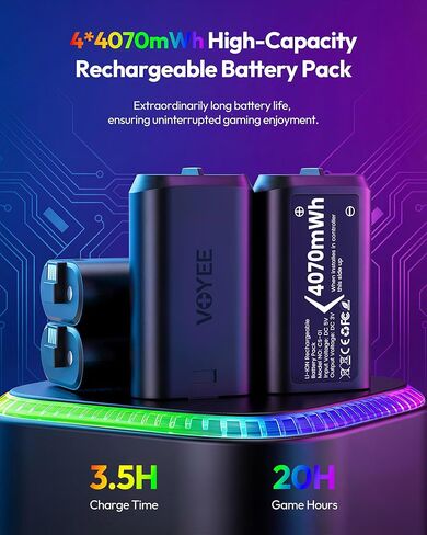 VOYEE Xbox Controller Battery Pack with 7-Color LED Lights, 4x4070mWh Rechargeable Battery, 4-Slot Fast Charger for Xbox Series X/S, Xbox One X/S/Elite, Over Current/Voltage/Short Circut in Saudi Arabia
