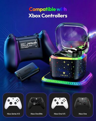 VOYEE Xbox Controller Battery Pack with 7-Color LED Lights, 4x4070mWh Rechargeable Battery, 4-Slot Fast Charger for Xbox Series X/S, Xbox One X/S/Elite, Over Current/Voltage/Short Circut in Saudi Arabia