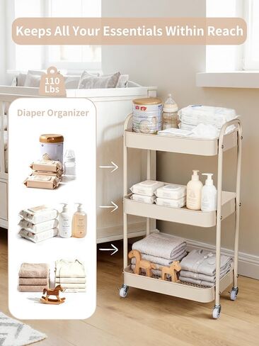 علبة حفاضات الأطفال من فورتيلا، عربة تخزين دوارة من 3 طبقات لأساسيات الطفل، عربة حفاضات مع فواصل قابلة للفصل، منظم تخزين وزجاجات الأطفال، خزانة ملابس لغرفة النوم وغرفة المعيشة (رمادي داكن) in Kuwait