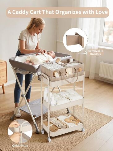 علبة حفاضات الأطفال من فورتيلا، عربة تخزين دوارة من 3 طبقات لأساسيات الطفل، عربة حفاضات مع فواصل قابلة للفصل، منظم تخزين وزجاجات الأطفال، خزانة ملابس لغرفة النوم وغرفة المعيشة (رمادي داكن) in Kuwait