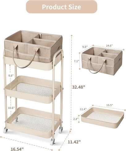 علبة حفاضات الأطفال من فورتيلا، عربة تخزين دوارة من 3 طبقات لأساسيات الطفل، عربة حفاضات مع فواصل قابلة للفصل، منظم تخزين وزجاجات الأطفال، خزانة ملابس لغرفة النوم وغرفة المعيشة (رمادي داكن) in Kuwait