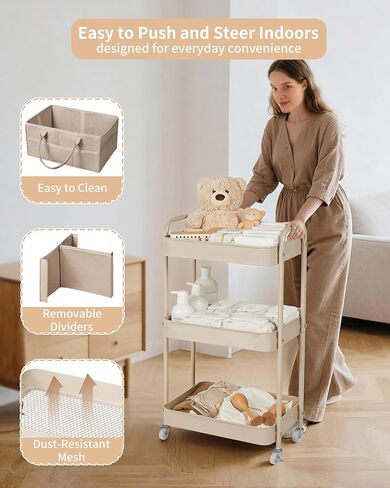 علبة حفاضات الأطفال من فورتيلا، عربة تخزين دوارة من 3 طبقات لأساسيات الطفل، عربة حفاضات مع فواصل قابلة للفصل، منظم تخزين وزجاجات الأطفال، خزانة ملابس لغرفة النوم وغرفة المعيشة (رمادي داكن) in Kuwait