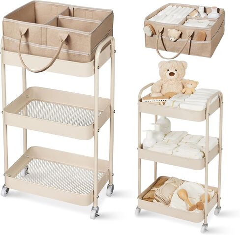 علبة حفاضات الأطفال من فورتيلا، عربة تخزين دوارة من 3 طبقات لأساسيات الطفل، عربة حفاضات مع فواصل قابلة للفصل، منظم تخزين وزجاجات الأطفال، خزانة ملابس لغرفة النوم وغرفة المعيشة (رمادي داكن) in Kuwait