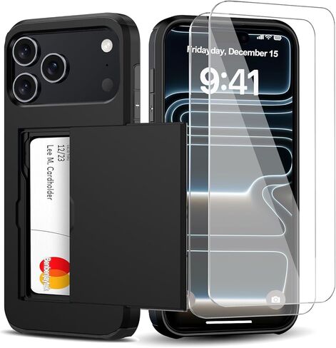 حافظة محفظة لهاتف iPhone 17 Pro مع حامل بطاقة + 2 واقي شاشة من الزجاج المقسى ومضاد للصدمات وفتحة بطاقة مخفية حافظة رفيعة للنساء والرجال لهاتف iPhone 17 Pro 6.3 بوصة (أسود) in Kuwait