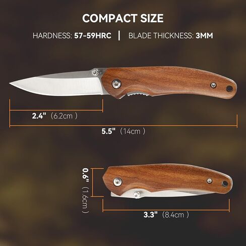 سكين جيب صغير، سكين قابل للطي بشفرة 2.4 بوصة، قفل بطانة، مقبض خشبي لـ EDC، التخييم في الهواء الطلق، البقاء على قيد الحياة (مصقول) in Kuwait