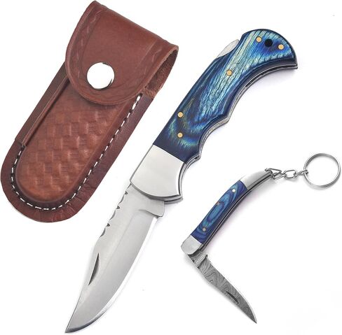 Handmade 6.5 Inch Damascus Steel Folding Pocket Knife – Back Lock Outdoor EDC Knife with Dual Leather Sheaths for Camping, Hiking, Hunting, Bushcraft & Survival (Rosewood & Bull Horn) in Saudi Arabia