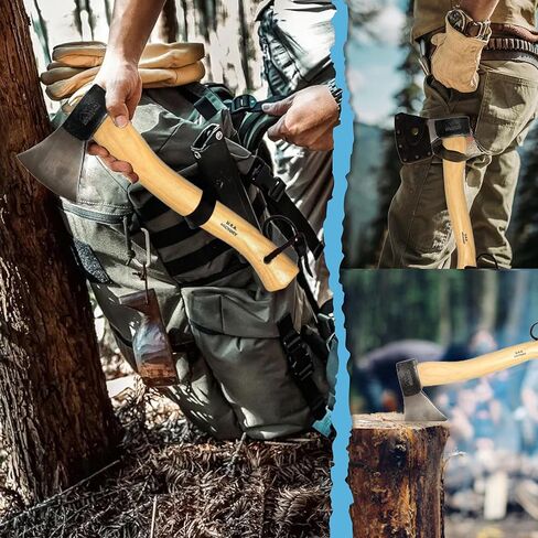 PRANDI German Hatchet 1.76 رطل - مقبض هيكوري 14.97 بوصة مع سلسلة جلدية - مثالية للتخييم وصناعة الأدغال - صنع في إيطاليا in Kuwait