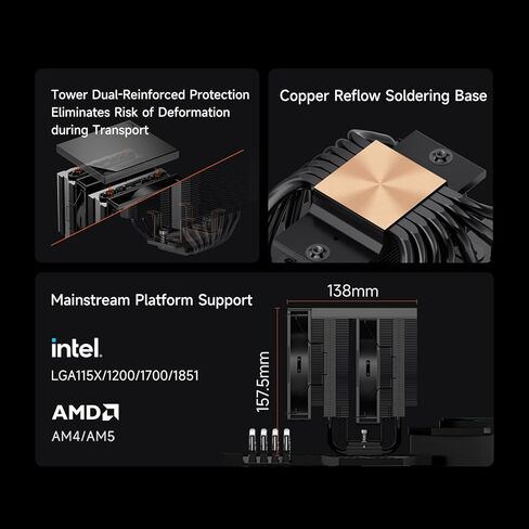 مبرد هواء وحدة المعالجة المركزية PCCOOLER ثنائي البرج، أنابيب حرارية 7 × 6 مم، مروحة PWM هيدروليكية 120 مم، حامل مضاد للتشوه، مجموعة زعانف متموجة، قاعدة إعادة تدفق نحاسية، متوافق مع Intel LGA1851/1700 وAMD AM5 (RT720 TC BK) in Saudi Arabia