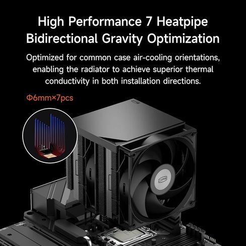 مبرد هواء وحدة المعالجة المركزية PCCOOLER ثنائي البرج، أنابيب حرارية 7 × 6 مم، مروحة PWM هيدروليكية 120 مم، حامل مضاد للتشوه، مجموعة زعانف متموجة، قاعدة إعادة تدفق نحاسية، متوافق مع Intel LGA1851/1700 وAMD AM5 (RT720 TC BK) in Saudi Arabia