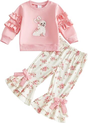 Toddler Baby Girl Valentines Day Outfit Heart Bow Print Ruffle Long Sleeve Sweatshirt Flare Pants 2pcs Clothes Set in Saudi Arabia