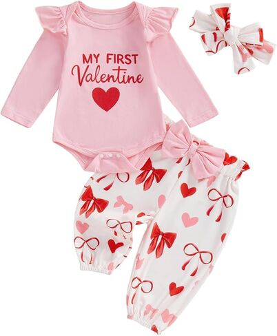 Murnouche My First Valentine’s Day Baby Girl Outfit Long Sleeve Ruffle Romper Heart Print Pants Headband in Saudi Arabia
