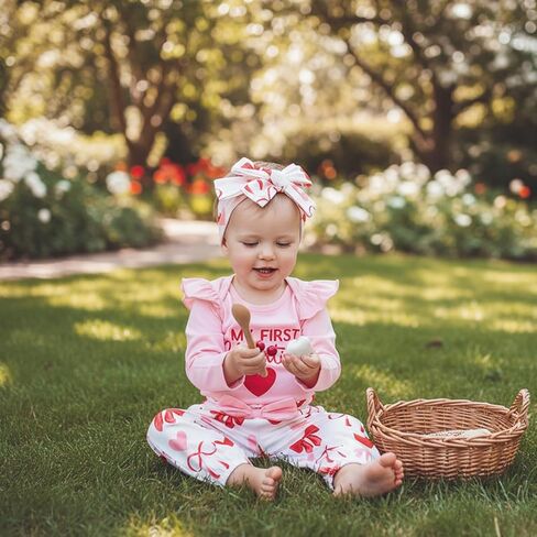 ملابس Murnouche My First Valentine's Day Baby Girl بأكمام طويلة مكشكشة وسروال مطبوع على شكل قلب وعصابة رأس in Kuwait